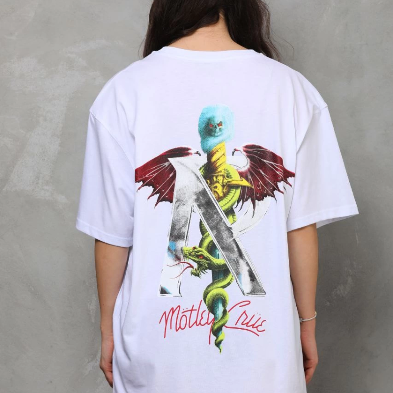 Bisiklet Yaka Baskılı Oversize T-Shirt - Beyaz -