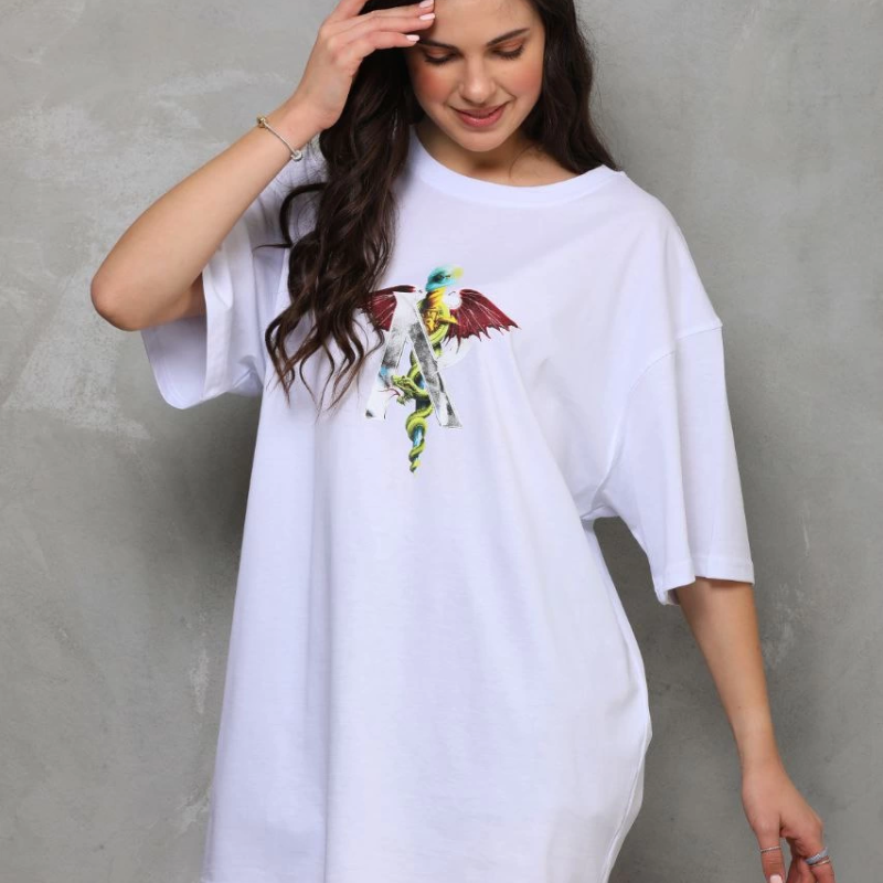 Bisiklet Yaka Baskılı Oversize T-Shirt - Beyaz -