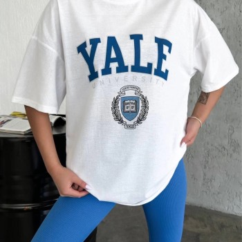 Bisiklet Yaka Baskılı Oversize T-Shirt - Beyaz