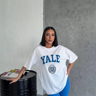 Bisiklet Yaka Baskılı Oversize T-Shirt - Beyaz