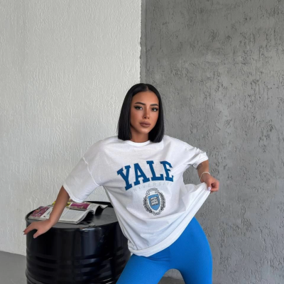 Bisiklet Yaka Baskılı Oversize T-Shirt - Beyaz