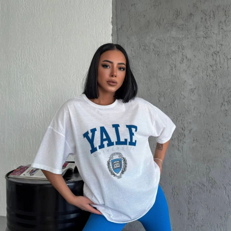 Bisiklet Yaka Baskılı Oversize T-Shirt - Beyaz