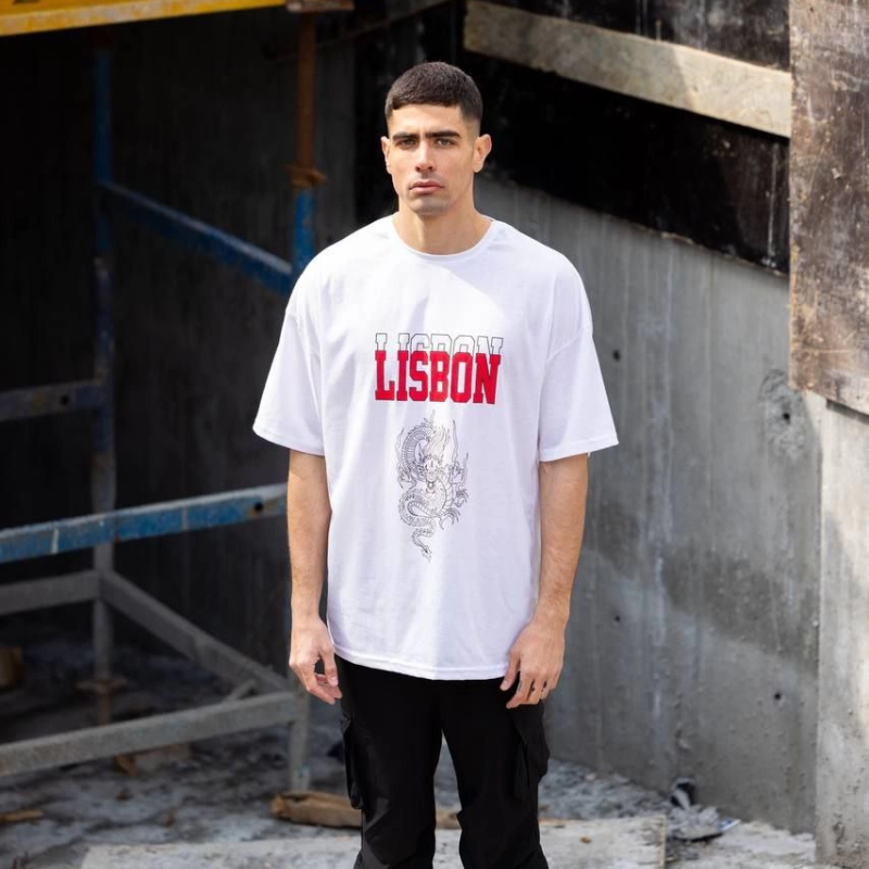 Bisiklet Yaka Baskılı Oversize T-Shirt - Beyaz -