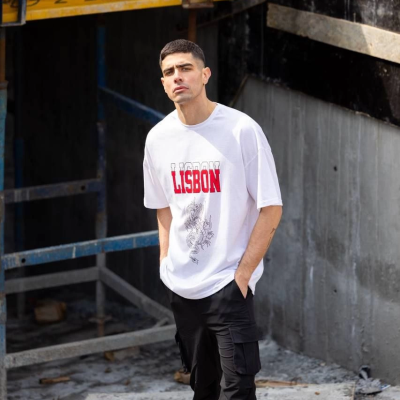 Bisiklet Yaka Baskılı Oversize T-Shirt - Beyaz -