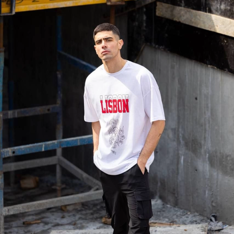 Bisiklet Yaka Baskılı Oversize T-Shirt - Beyaz -