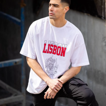 Bisiklet Yaka Baskılı Oversize T-Shirt - Beyaz -