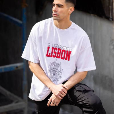 Bisiklet Yaka Baskılı Oversize T-Shirt - Beyaz -