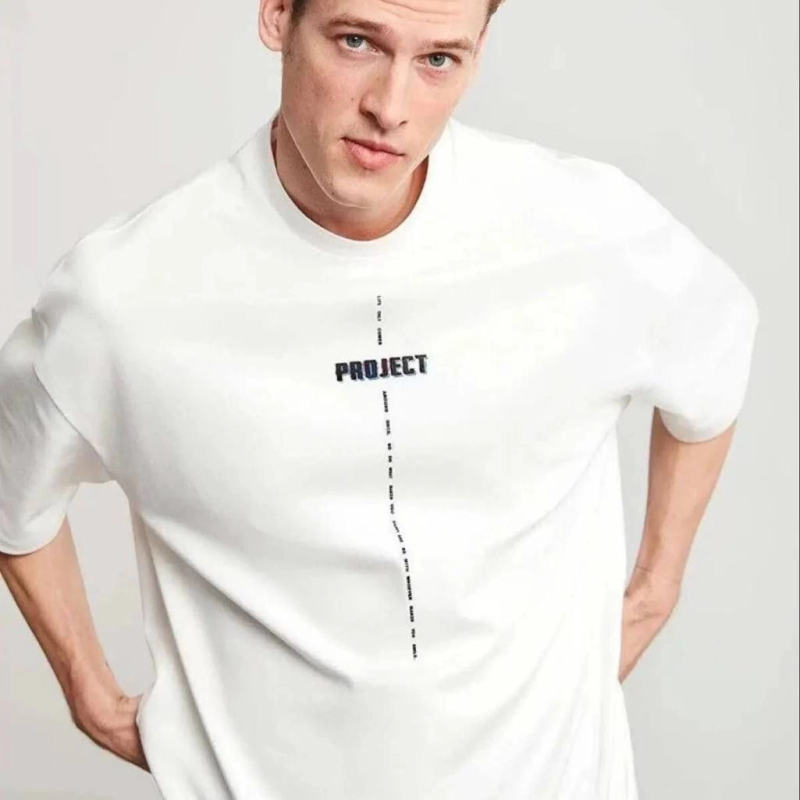 Bisiklet Yaka Baskılı Oversize T-Shirt - Beyaz -