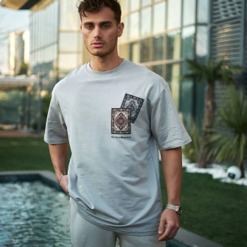 Bisiklet Yaka Baskılı Oversize T-Shirt - Boyalı Gri -