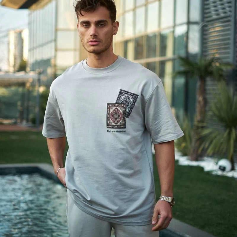 Bisiklet Yaka Baskılı Oversize T-Shirt - Boyalı Gri -