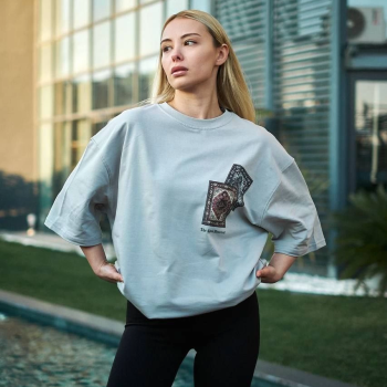 Bisiklet Yaka Baskılı Oversize T-Shirt - Boyalı Gri -