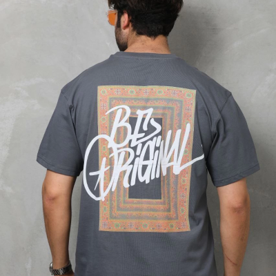 Bisiklet Yaka Baskılı Oversize T-Shirt - Füme