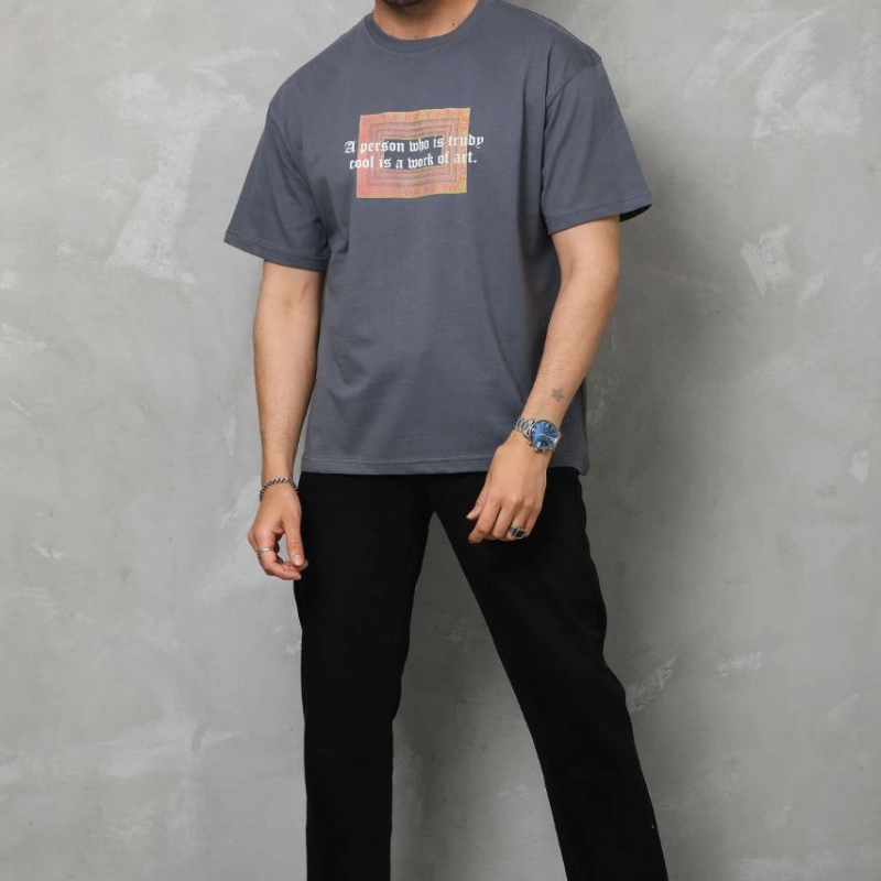 Bisiklet Yaka Baskılı Oversize T-Shirt - Füme