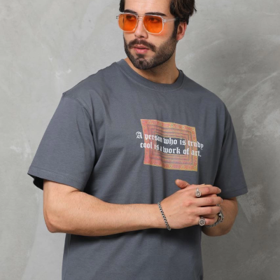 Bisiklet Yaka Baskılı Oversize T-Shirt - Füme