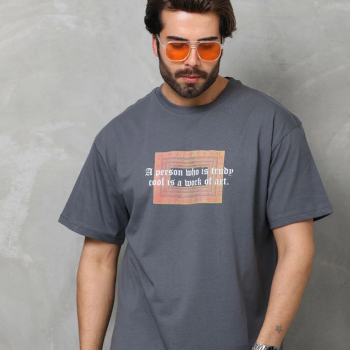 Bisiklet Yaka Baskılı Oversize T-Shirt - Füme