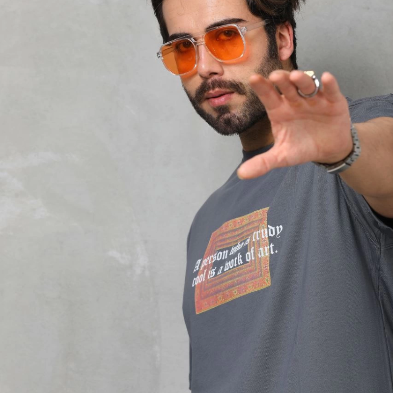 Bisiklet Yaka Baskılı Oversize T-Shirt - Füme