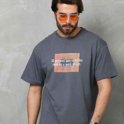 Bisiklet Yaka Baskılı Oversize T-Shirt - Füme