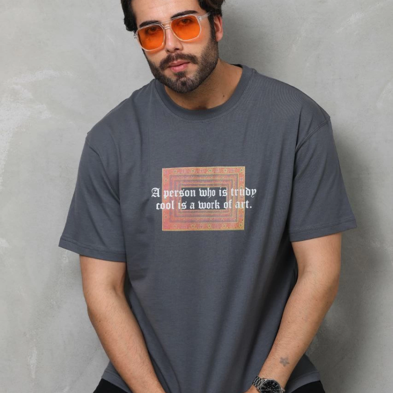 Bisiklet Yaka Baskılı Oversize T-Shirt - Füme