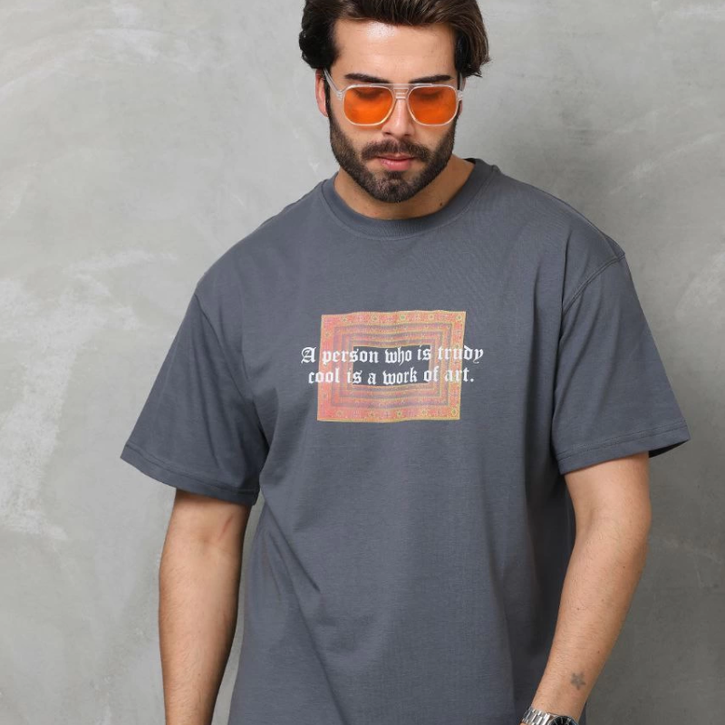 Bisiklet Yaka Baskılı Oversize T-Shirt - Füme