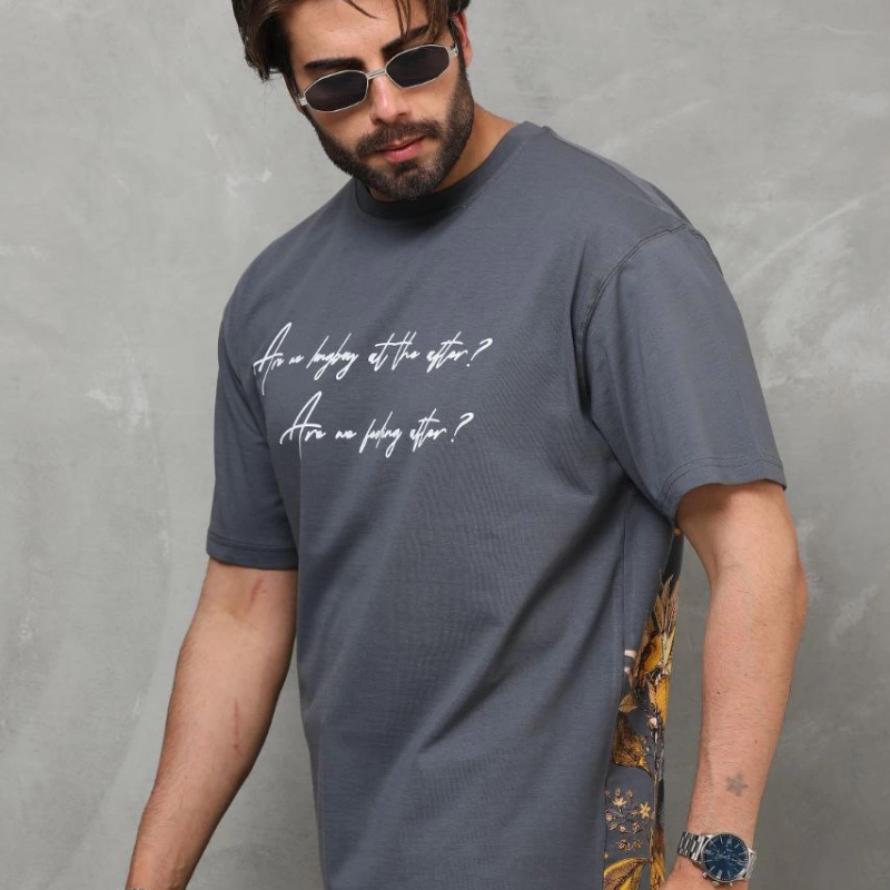 Bisiklet Yaka Baskılı Oversize T-Shirt - Füme