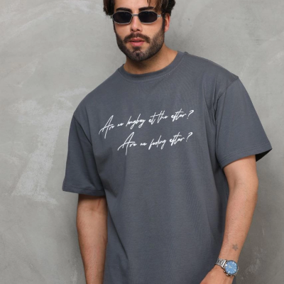 Bisiklet Yaka Baskılı Oversize T-Shirt - Füme