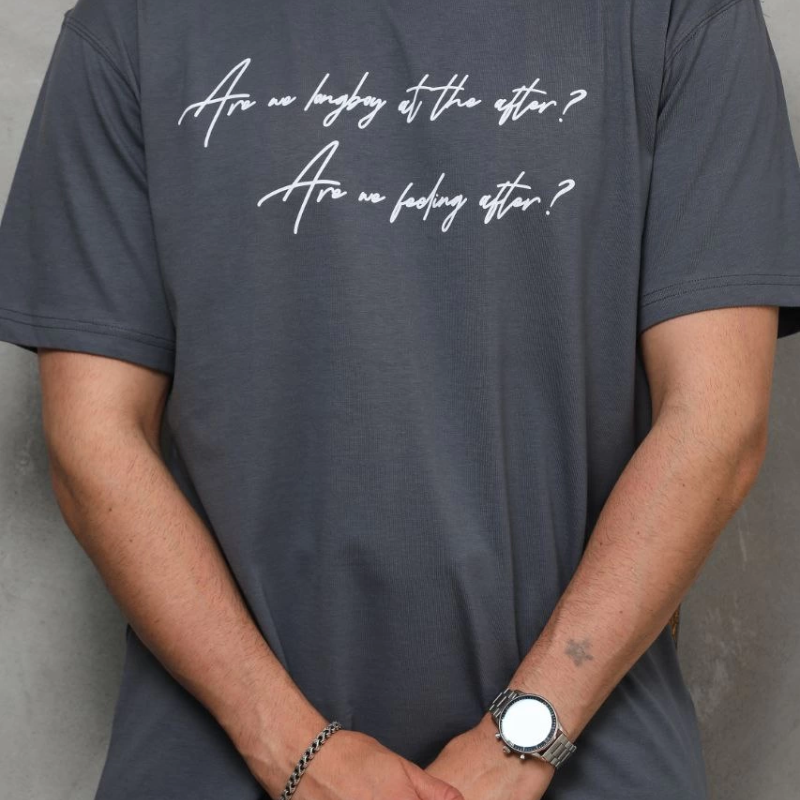 Bisiklet Yaka Baskılı Oversize T-Shirt - Füme