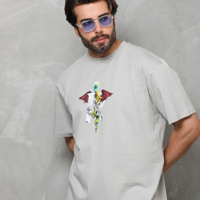 Bisiklet Yaka Baskılı Oversize T-Shirt - Gri
