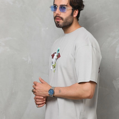 Bisiklet Yaka Baskılı Oversize T-Shirt - Gri