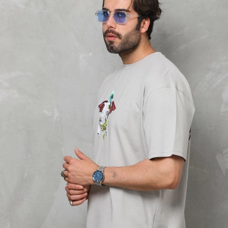 Bisiklet Yaka Baskılı Oversize T-Shirt - Gri