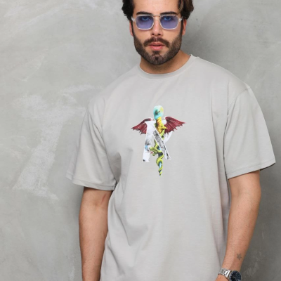 Bisiklet Yaka Baskılı Oversize T-Shirt - Gri