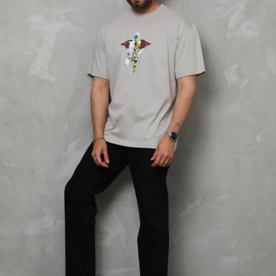 Bisiklet Yaka Baskılı Oversize T-Shirt - Gri