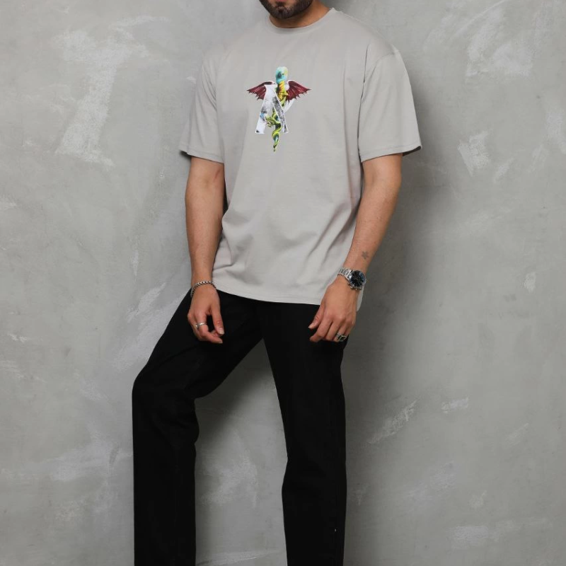 Bisiklet Yaka Baskılı Oversize T-Shirt - Gri