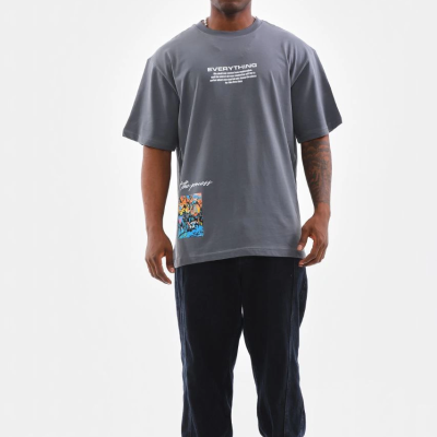 Bisiklet Yaka Baskılı Oversize T-Shirt - Gri -