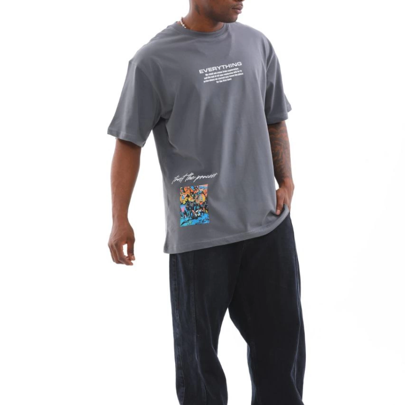 Bisiklet Yaka Baskılı Oversize T-Shirt - Gri -