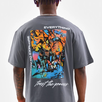 Bisiklet Yaka Baskılı Oversize T-Shirt - Gri -