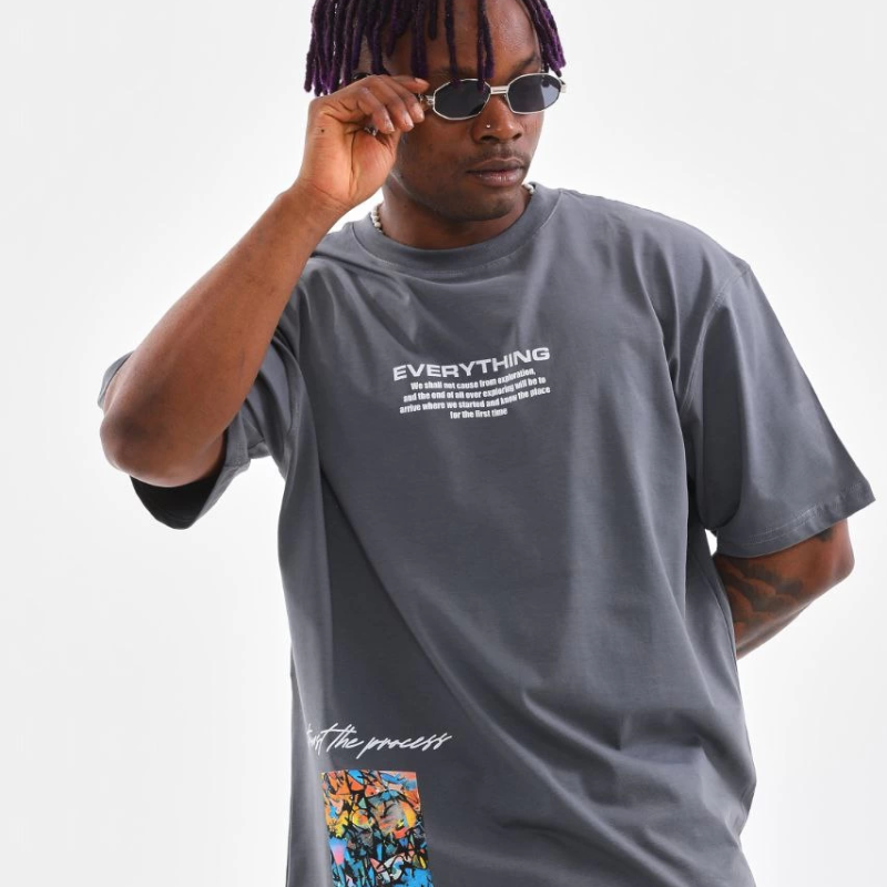 Bisiklet Yaka Baskılı Oversize T-Shirt - Gri -
