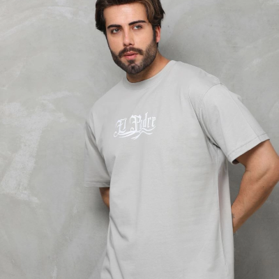 Bisiklet Yaka Baskılı Oversize T-Shirt - Gri -