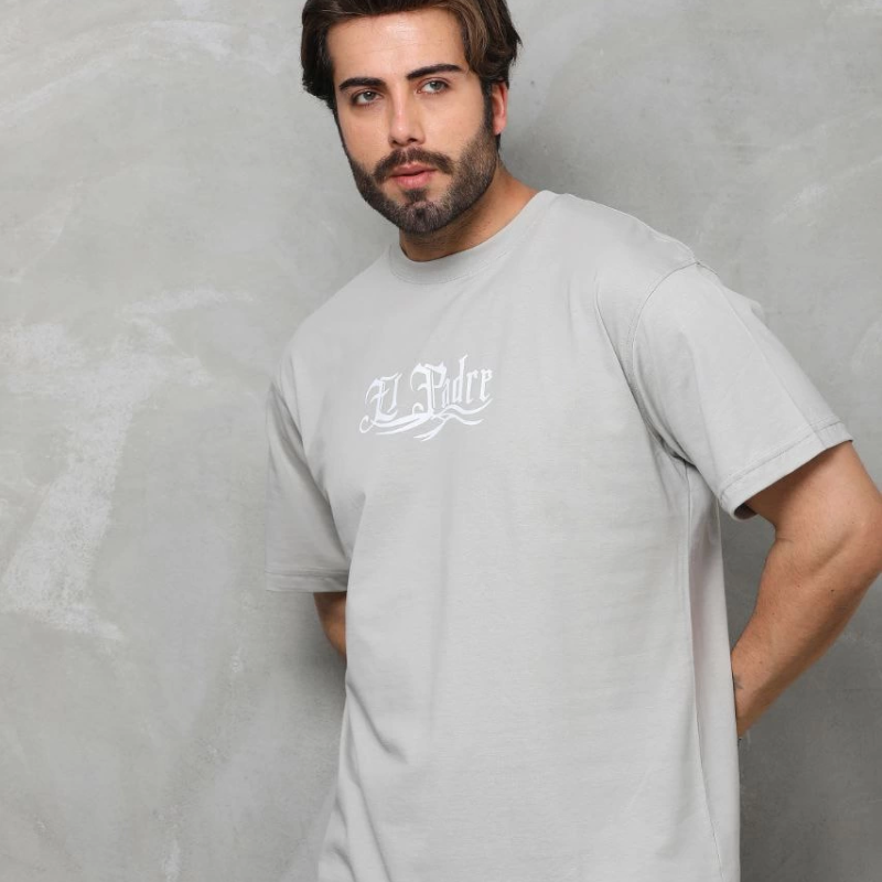 Bisiklet Yaka Baskılı Oversize T-Shirt - Gri -