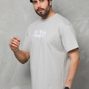 Bisiklet Yaka Baskılı Oversize T-Shirt - Gri -