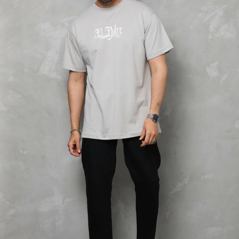 Bisiklet Yaka Baskılı Oversize T-Shirt - Gri -