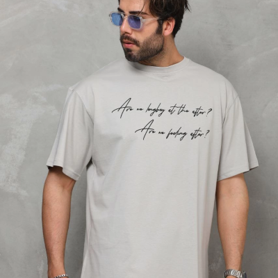 Bisiklet Yaka Baskılı Oversize T-Shirt - Gri