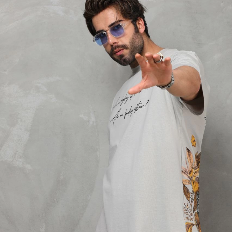 Bisiklet Yaka Baskılı Oversize T-Shirt - Gri