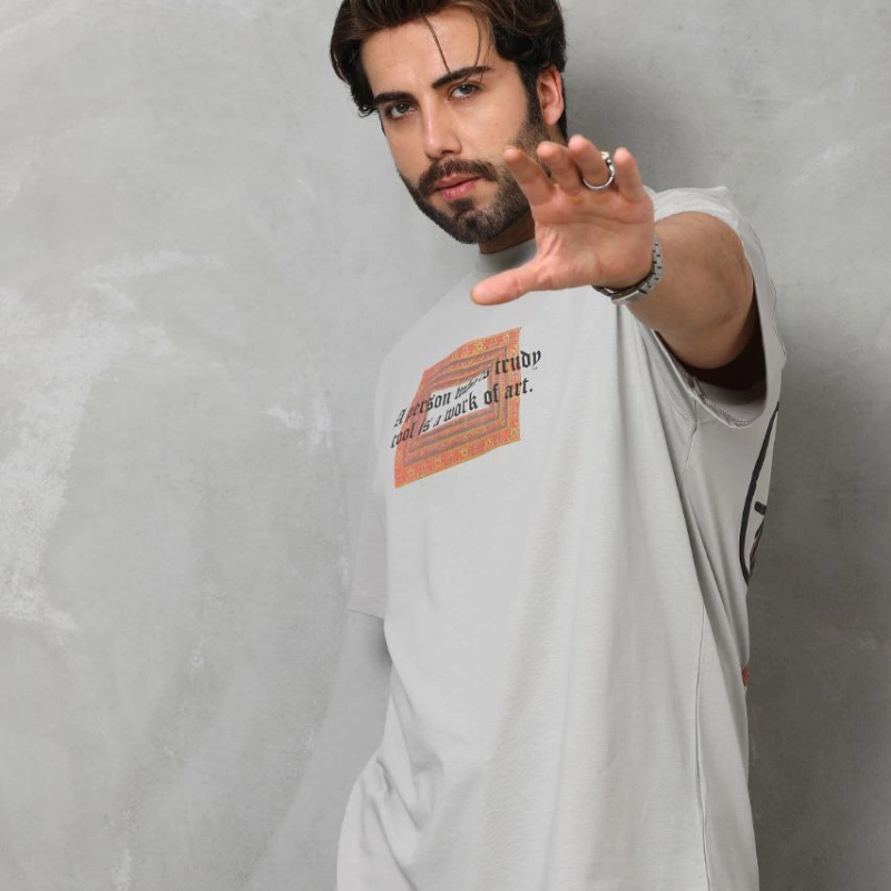 Bisiklet Yaka Baskılı Oversize T-Shirt - Gri -