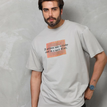 Bisiklet Yaka Baskılı Oversize T-Shirt - Gri -