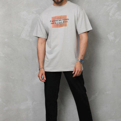 Bisiklet Yaka Baskılı Oversize T-Shirt - Gri -