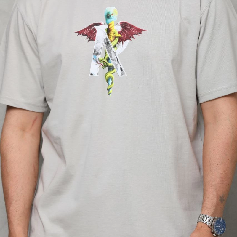 Bisiklet Yaka Baskılı Oversize T-Shirt - Gri -