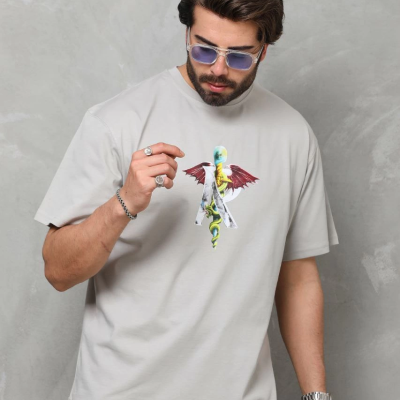 Bisiklet Yaka Baskılı Oversize T-Shirt - Gri -