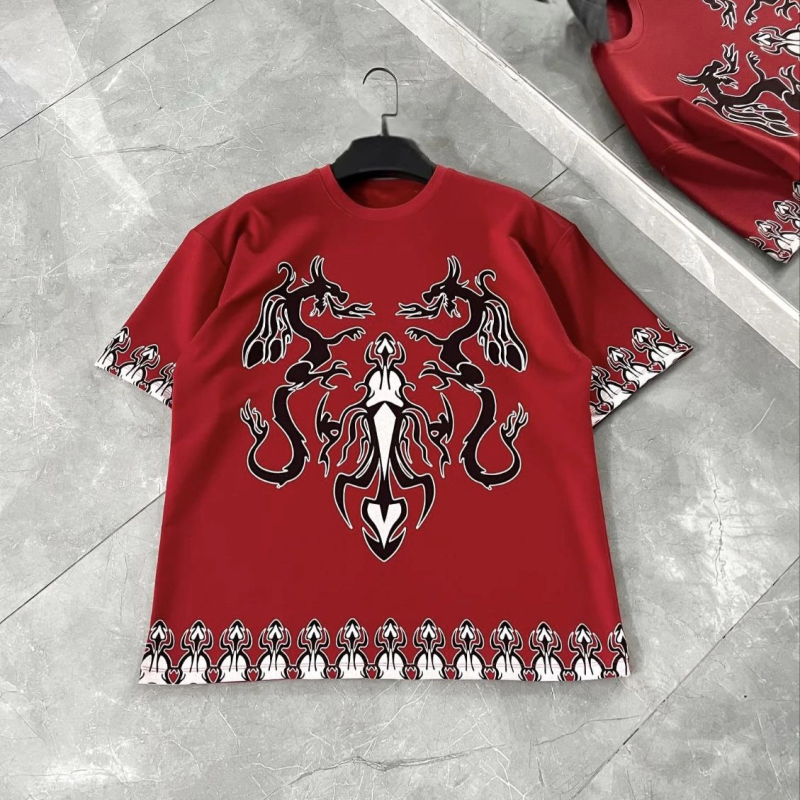 Bisiklet Yaka Baskılı Oversize T-Shirt - Kırmızı -