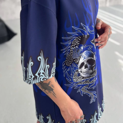 Bisiklet Yaka Baskılı Oversize T-Shirt - Lacivert -