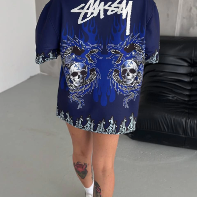 Bisiklet Yaka Baskılı Oversize T-Shirt - Lacivert -